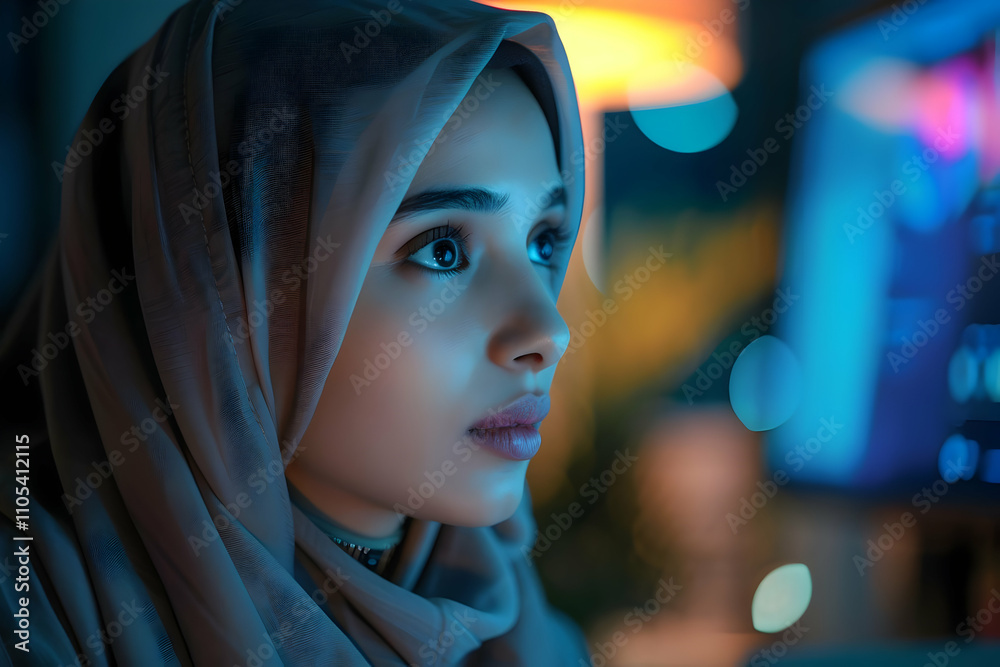 Woman in Hijab Gazes at Computer Screen, Illuminated by Blue Light, Nighttime Setting Woman in Hijab Gazes at Computer Screen, Illuminated by Blue Light, Nighttime Setting