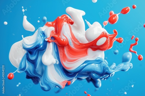 Abstract art piece shows red white, blue paints splashing, blending in mid air against vibrant blue background. Fluid colors create dynamic abstract patterns. Colors mix, swirl creating eye-catching photo