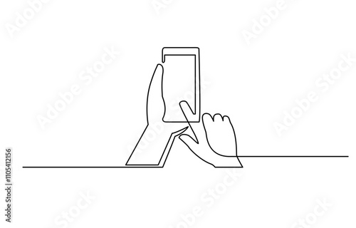 One continuous line drawing of hands holding and touch the screen of smartphone, Continuous one line drawing of a hand holding a phone or smartphone.