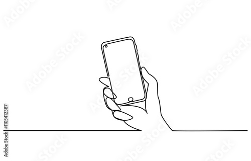 One continuous line drawing of hands holding and touch the screen of smartphone, Continuous one line drawing of a hand holding a phone or smartphone.