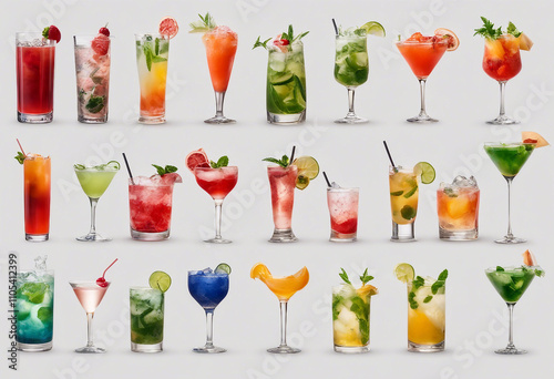 A set of popular summer alcoholic cocktails mocktails and drinks Isolated on white transparent backg