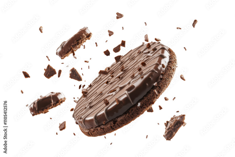 flying chocolate cookie with crumbs and chunks isolated on transparent or white background