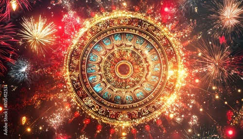 Wallpaper Mural An ornate mandala surrounded by vibrant fireworks, embodying a celebration of culture and spirituality, beautifully illuminated in a captivating display of colors and patterns. Torontodigital.ca