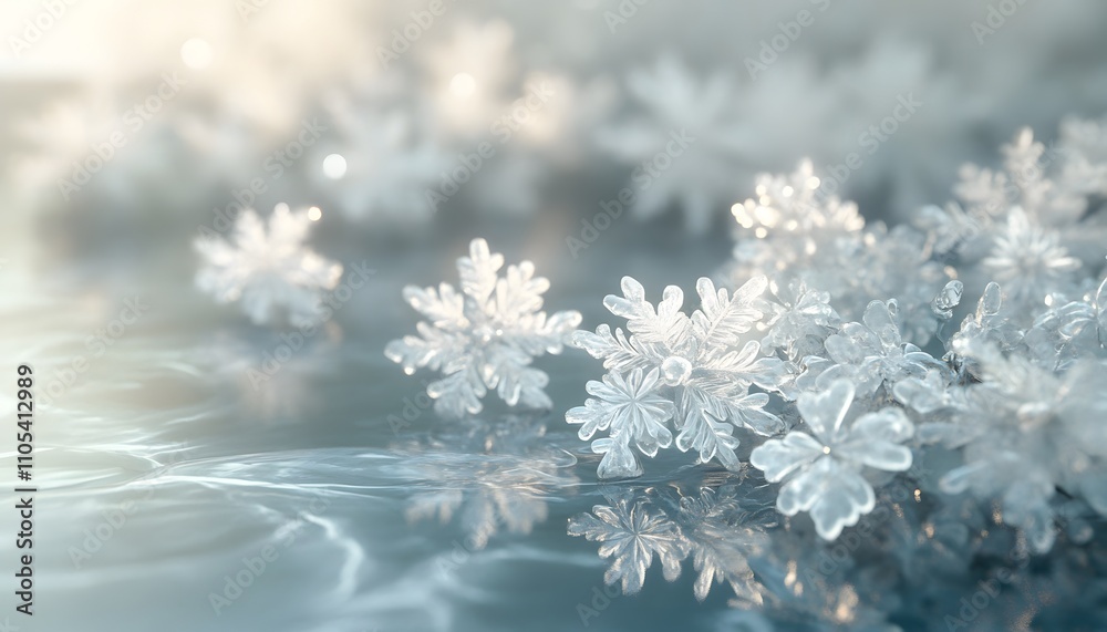 Delicate snowflakes rest upon a serene, icy surface, creating a peaceful winter scene that captures the beauty of nature's intricate designs in a tranquil atmosphere. Delicate snowflakes rest upon a serene, icy surface, creating a peaceful winter scene that captures the beauty of nature's intricate designs in a tranquil atmosphere.