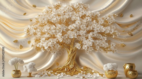 Fototapeta Naklejka Na Ścianę i Meble -  Golden tree with white flowers stands on beige background. Decorative tree made of gold, white flowers. Elegant design for wallpaper mural. White flowers enhance golden tree. Small golden decorative