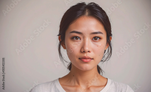 Woman with brown hair and brown eyes. She is wearing a white shirt. She has a ponytail