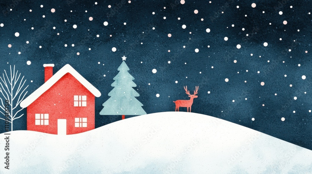 Festive Christmas Night Red House Deer Snow Winter Wonderland Festive Christmas Night Red House Deer Snow Winter Wonderland
