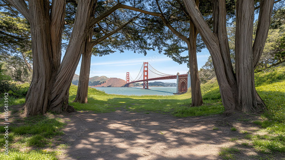 Fototapeta premium A Scenic View of the Golden Gate Bridge Framed by Lush Trees and a Grassy Clearing
