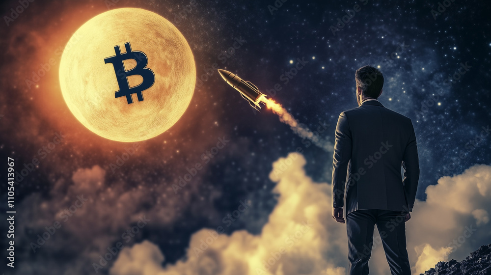 businessman watching bitcoin rising to the moon businessman watching bitcoin rising to the moon