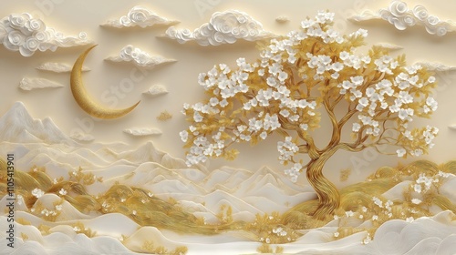 Golden tree with white flowers in mountainous landscape. 3D style wallpaper with serene natural scene. Gentle curves, lines depict hills. White flowers detailed on golden tree branches. Moon visible