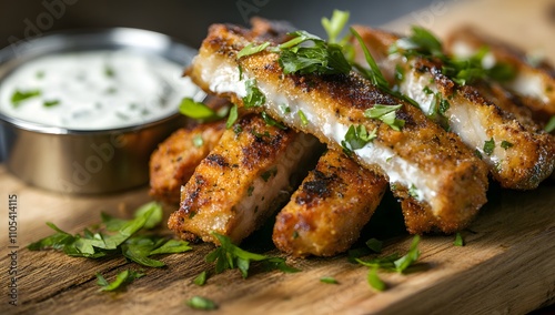 Crispy breaded chicken tenders served with a creamy dipping sauce. A delicious and satisfying meal.