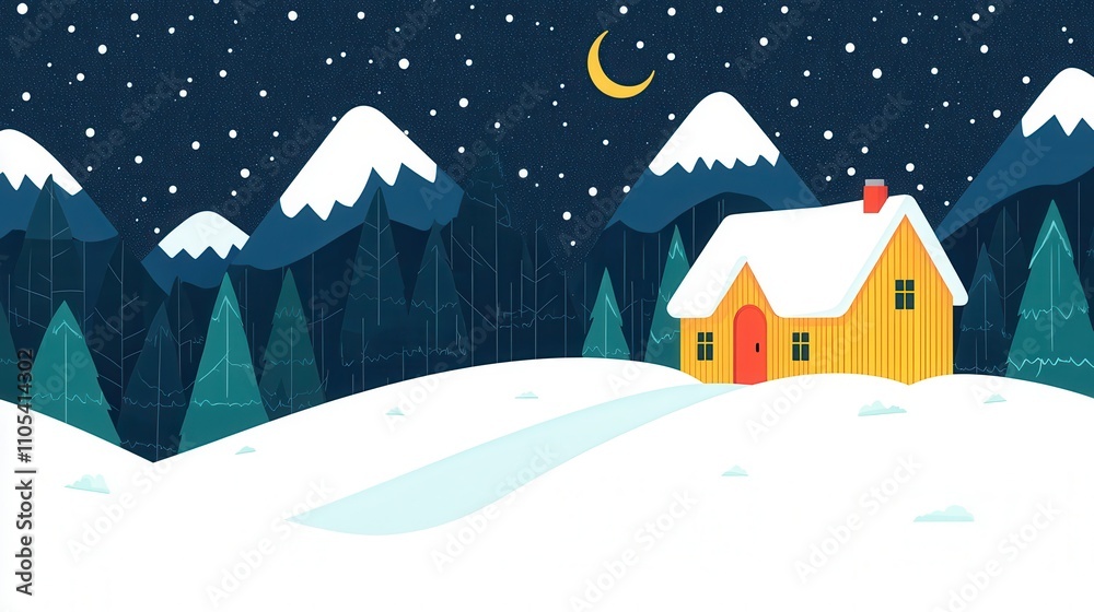 Fototapeta premium Cozy Winter Cabin in Snowy Mountains Night Scene Illustration