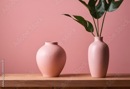 A minimalist studio setup with a pastel pink background and a modern ceramic vase on a wooden block pedestal, Ai Generated photo