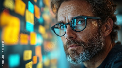 Thoughtful Man with Glasses Concentrating on Digital Interface in Modern Workspace, Reflective Mood with Colorful Display Background