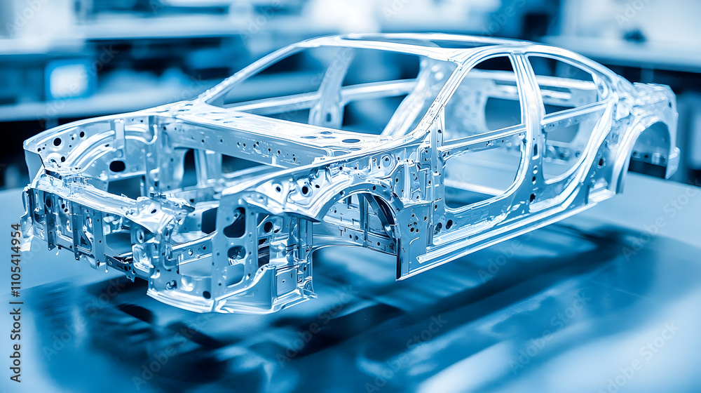 A Metallic Car Body Frame, Without Paint, Sitting on a Blue Surface in a Factory Setting, Revealing its Structural Details. A Metallic Car Body Frame, Without Paint, Sitting on a Blue Surface in a Factory Setting, Revealing its Structural Details.