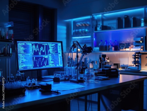 Crime lab with holographic evidence displays and AI forensic tools in action photo