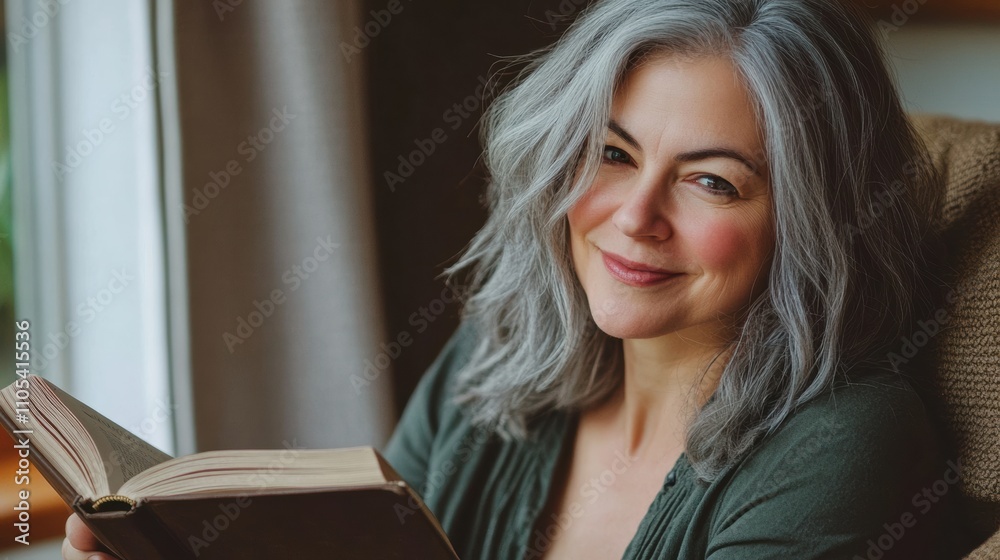 Serene Middle-Aged Woman Reading in Room, selective focus Serene Middle-Aged Woman Reading in Room, selective focus