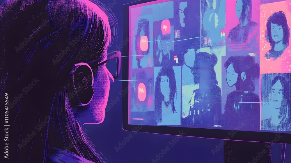 A close-up of the back view of an illustration in purple and blue tones, of a woman with short blonde hair watching her computer screen showing several people on different social media platforms A close-up of the back view of an illustration in purple and blue tones, of a woman with short blonde hair watching her computer screen showing several people on different social media platforms