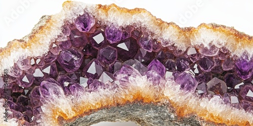 Macro close up of an amethyst crystal druse showcasing its intricate textures and vivid colors against a white background, highlighting the beauty of the amethyst crystal druse in detail.