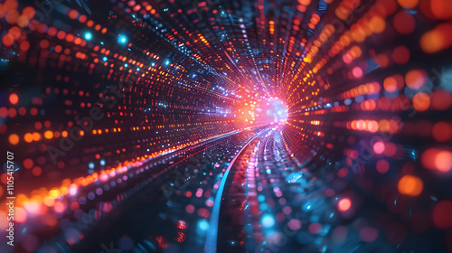 Abstract 3D Render of a Vibrant, Illuminated Tunnel of Light and Data, glowing brightly with energy.