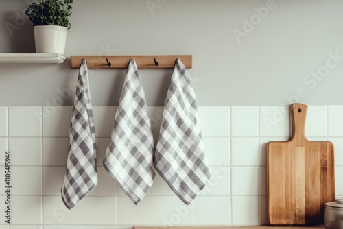 Interior of stylish kitchen, wooden cutting board, utensils and dinnerware on wood counter. Checked cotton kitchen towels hanging on hook rack. Linen sink towels. Copy space for text. Home textile photo