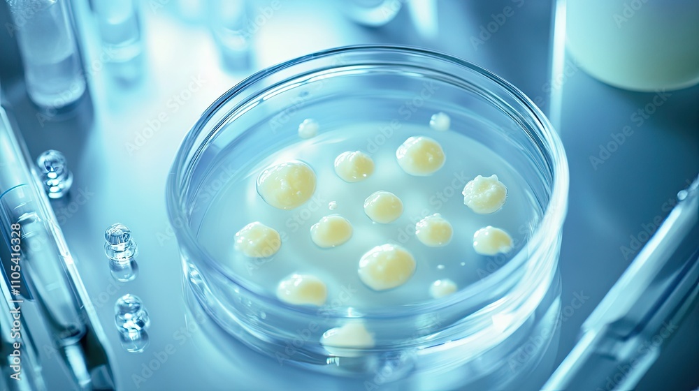A laboratory glass surface with multiple creamy spots arranged systematically, surrounded by sterile lab tools. A laboratory glass surface with multiple creamy spots arranged systematically, surrounded by sterile lab tools.