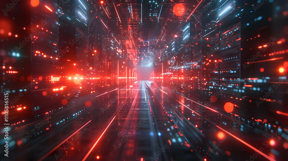 Abstract 3D Digital Corridor: Red and Blue Light Streams Illuminate a Futuristic Data Highway, Representing the Flow of Information in Cyberspace. Abstract 3D Digital Corridor: Red and Blue Light Streams Illuminate a Futuristic Data Highway, Representing the Flow of Information in Cyberspace.