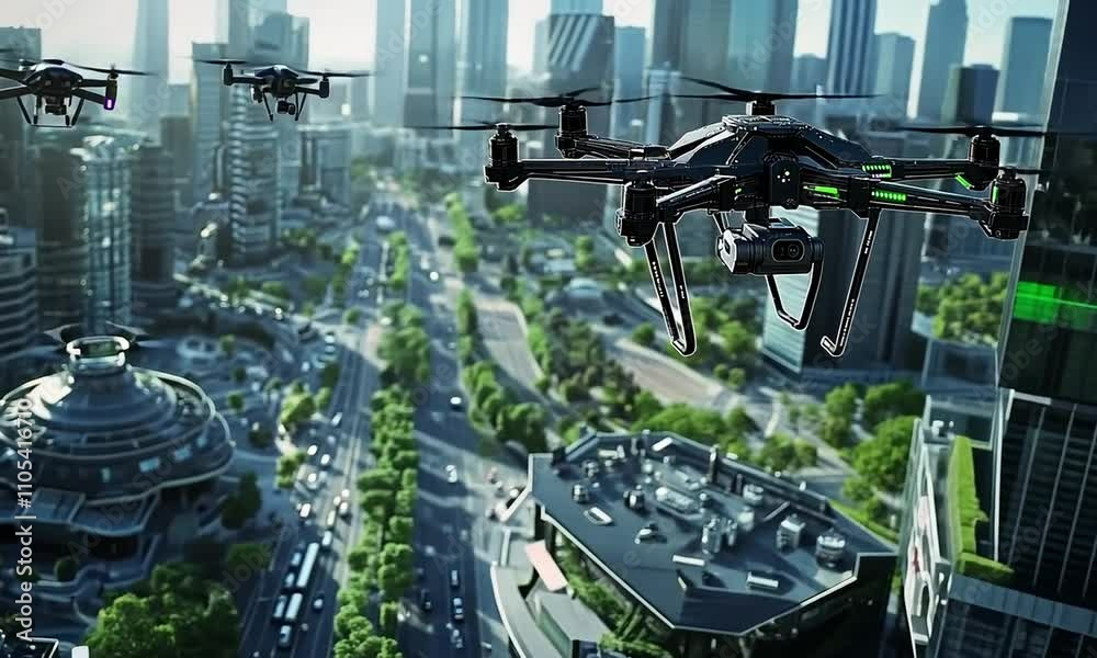 Multiple drones flying over a cityscape.