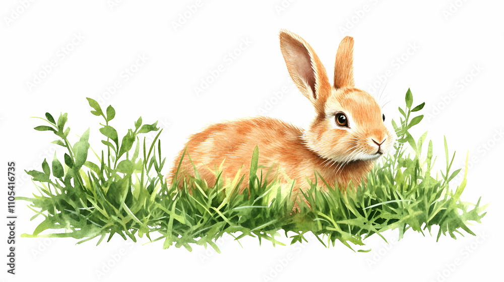 Fototapeta premium Watercolor Illustration of a Cute Brown Rabbit Sitting in Lush Green Grass, a Springtime Scene with Delicate Details, Perfect for Nature and Animal Lovers