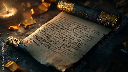 Scroll containing ancient specifications for a mythical artifact, 8k, hyper realistic. photo