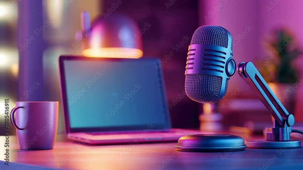 A close-up of a microphone on a desk with a laptop and a mug in the background.