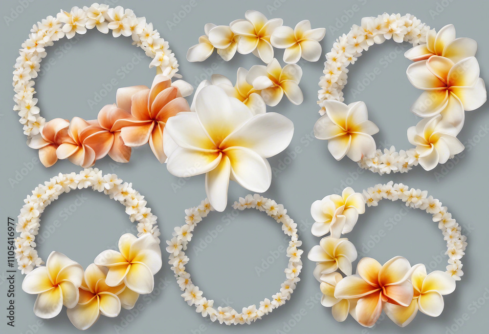 Obraz premium Frangipani garlands set Collection of Circle frames of frangipani plumeria flowers isolated on trans