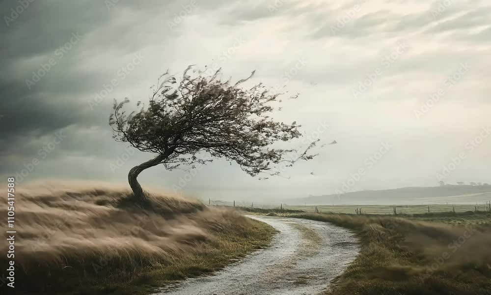 The wind blows violently through a tree beside a road causing the trees to bend with the wind. The branches swing back and forth.