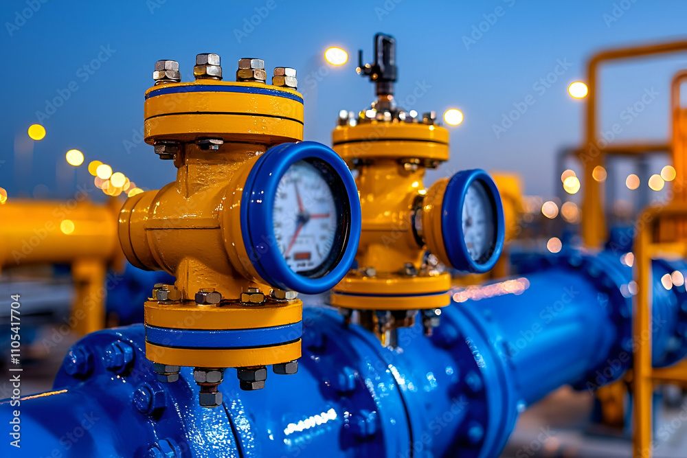 A close-up of industrial water valves featuring blue pipes and yellow fittings, showcasing gauges and vibrant colors against a twilight backdrop. A close-up of industrial water valves featuring blue pipes and yellow fittings, showcasing gauges and vibrant colors against a twilight backdrop.