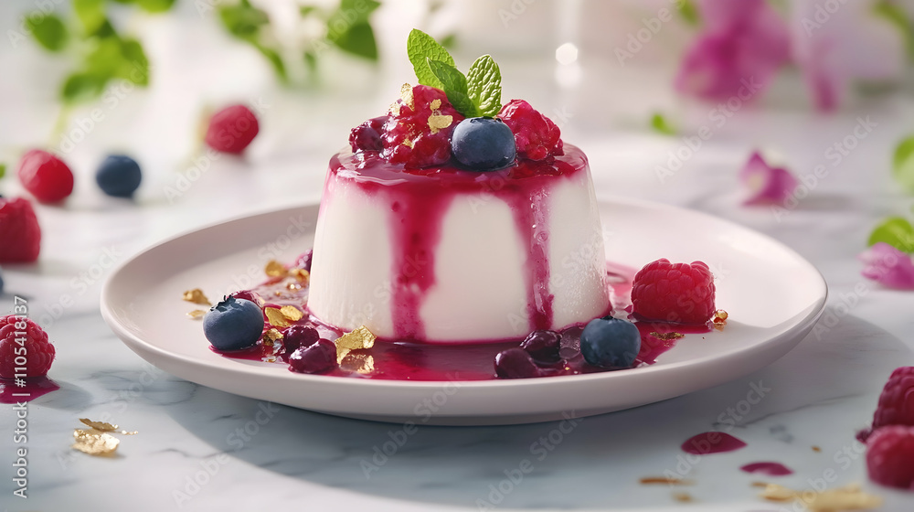 Vanilla Bean Panna Cotta with Berry Coulis and Gold Leaf, Italian Dessert Photography
