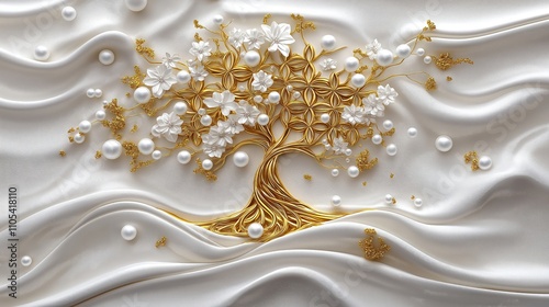Luxury 3D wallpaper design features gold tree life with white pearls, flowers. Elegant design for home decor. High-quality AI generated image for premium look. Ideal for wall murals. Sophisticated