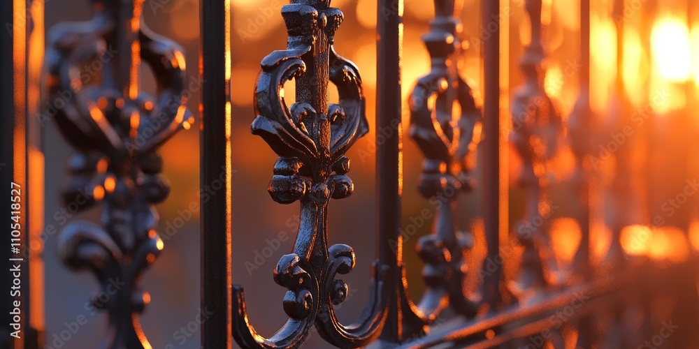 Intricate iron shod fence illuminated by the warm glow of sunset, showcasing the beauty of craftsmanship in the harmonious interplay of light and design on the iron shod fence. Intricate iron shod fence illuminated by the warm glow of sunset, showcasing the beauty of craftsmanship in the harmonious interplay of light and design on the iron shod fence.