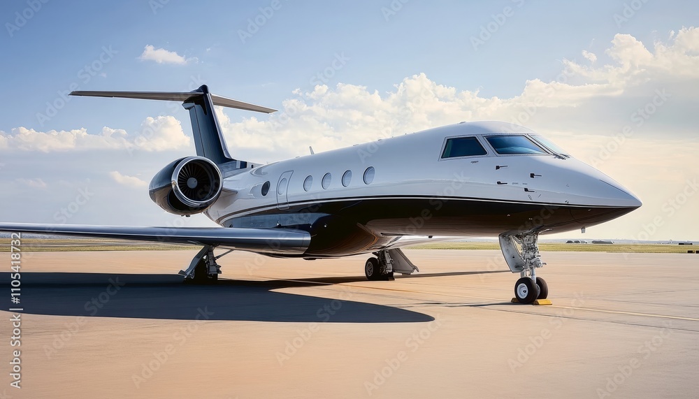 Fototapeta premium Luxury Private Jet Airplane Parked on the Runway of an Airport, Under a Blue Sky with Clouds