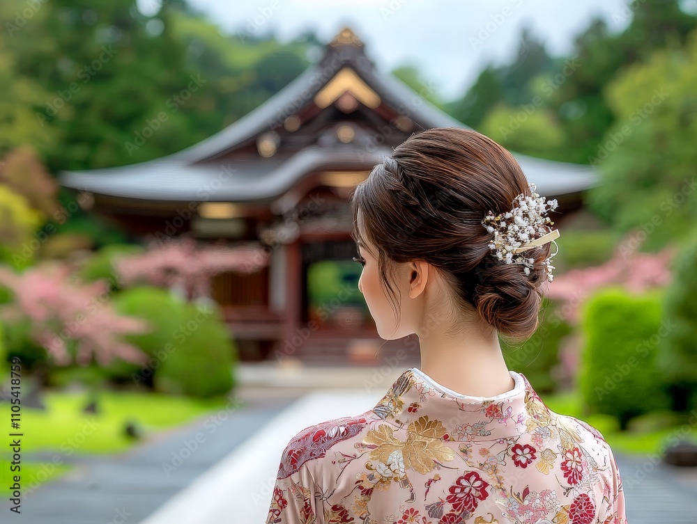 Fototapeta premium Elegant Individual in a Bridal Kimono Surrounded by Lush Gardens and Traditional Architecture, Capturing a Serene Moment of Cultural Beauty and Grace