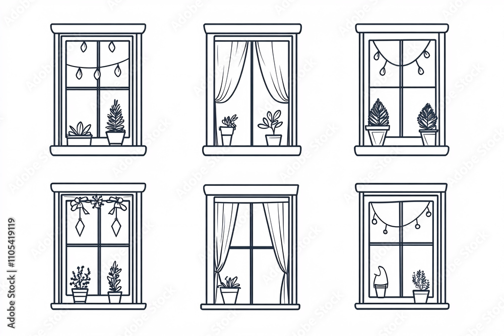 six minimalistic window illustrations featuring potted plants curtains and decorative lights in a black and white design
six minimalistic window illustrations featuring potted plants curtains and decorative lights in a black and white design