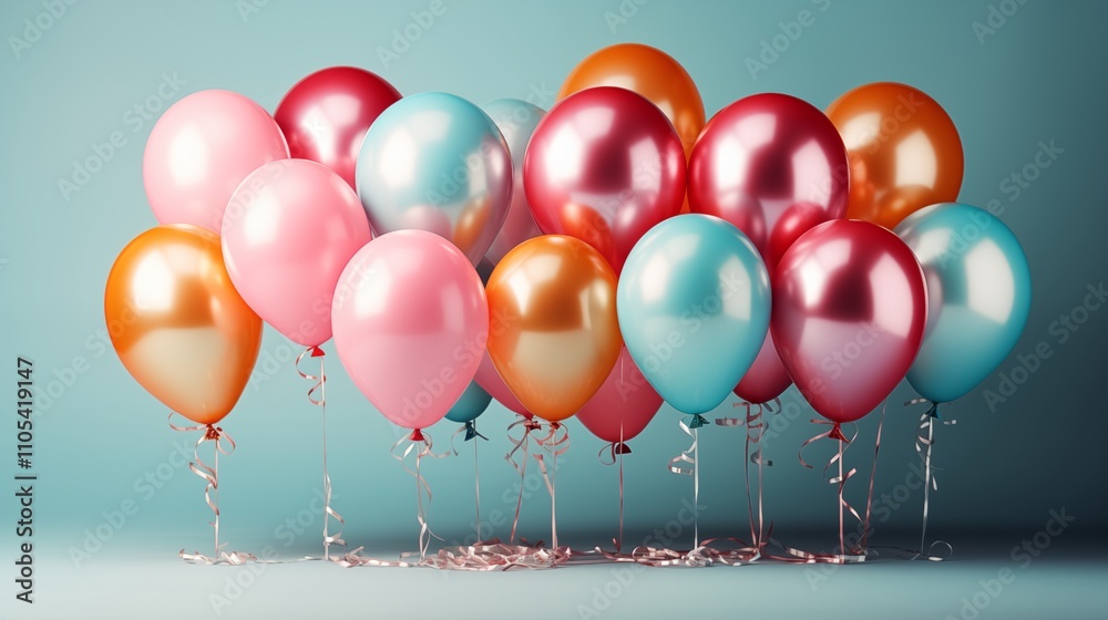 A festive scene featuring colorful balloons and bright bunting on a blue backdrop. Perfect for any joyful occasion. A festive scene featuring colorful balloons and bright bunting on a blue backdrop. Perfect for any joyful occasion.