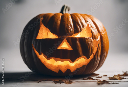 Halloween pumpkin lantern with carved face and glowing eyes isolated on white transparent background photo