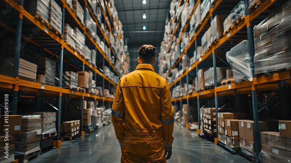 Warehouse Worker in Yellow Jumpsuit, Industrial Background Illustration