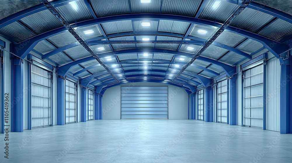 3D rendering of a spacious industrial warehouse with blue steel structure, multiple large roll-up doors, and bright interior lighting. 3D rendering of a spacious industrial warehouse with blue steel structure, multiple large roll-up doors, and bright interior lighting.