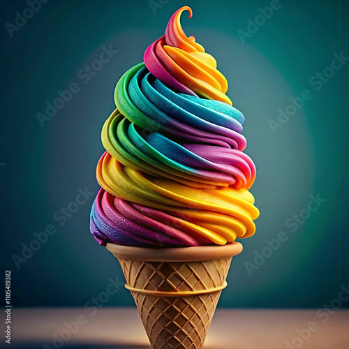 A close-up of a creative concept featuring an ice cream cone with colorful scoops