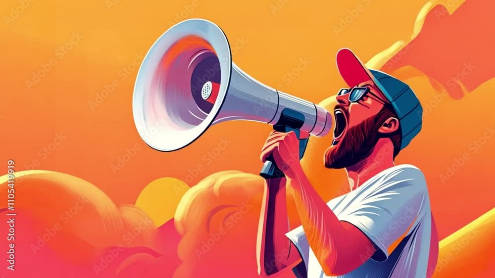 A man with a beard and sunglasses shouts into a megaphone against an orange and pink cloudy sky.
