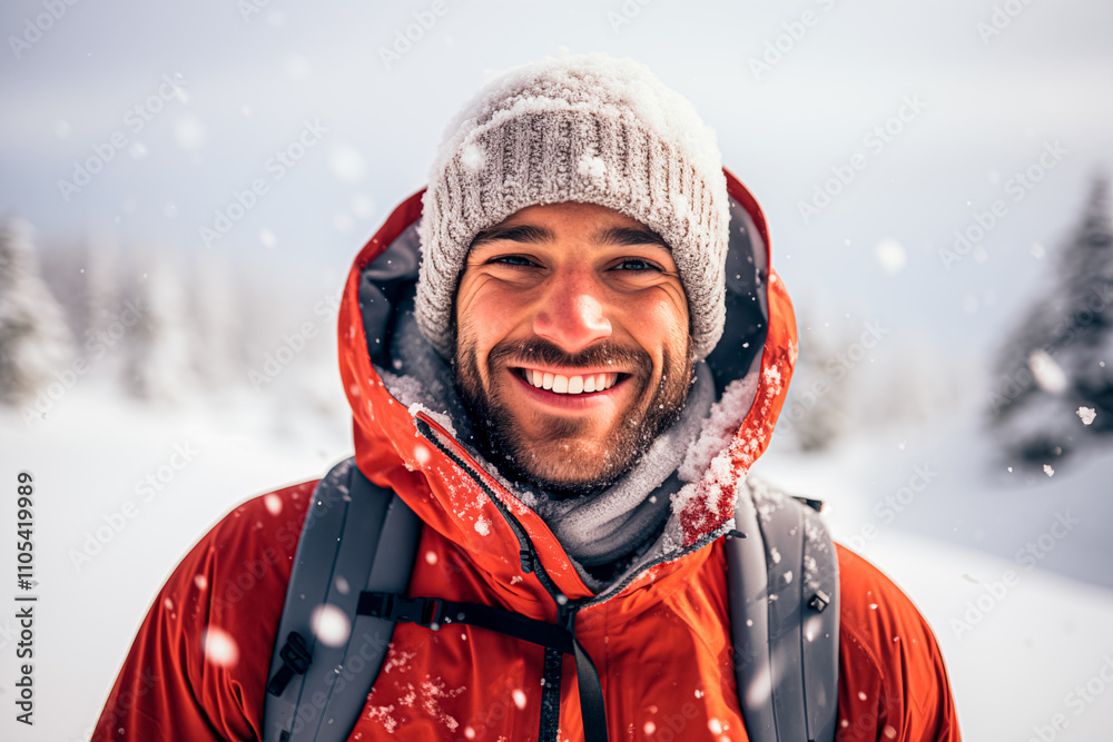 Portrait of cheerful young man in jacket and hat on a snowy mountain. Image created with AI