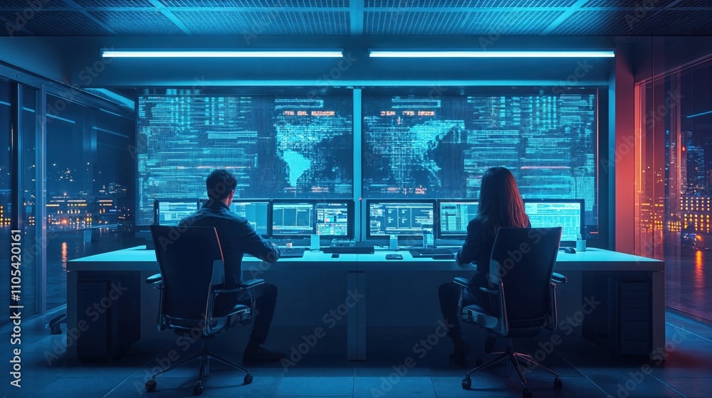 Cybersecurity operations center at night with two professionals monitoring multiple screens displaying global data and network information. Dramatic blue lighting creates futuristic atmosphere Cybersecurity operations center at night with two professionals monitoring multiple screens displaying global data and network information. Dramatic blue lighting creates futuristic atmosphere