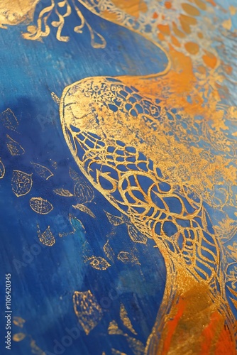 orange yellow gold sanjhi painting intricate art print on blue fabric folds closeup indian photo