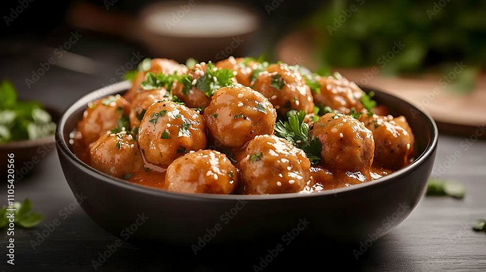 Delicious Savory Meatballs in Rich Sauce, Garnished with Parsley, Close-up Food Photography Delicious Savory Meatballs in Rich Sauce, Garnished with Parsley, Close-up Food Photography
